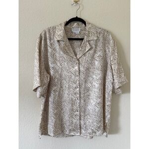 Vintage Doncaster Silk Tan Cream Zebra Chevron 100% Silk Short Sleeve Top Sz 14